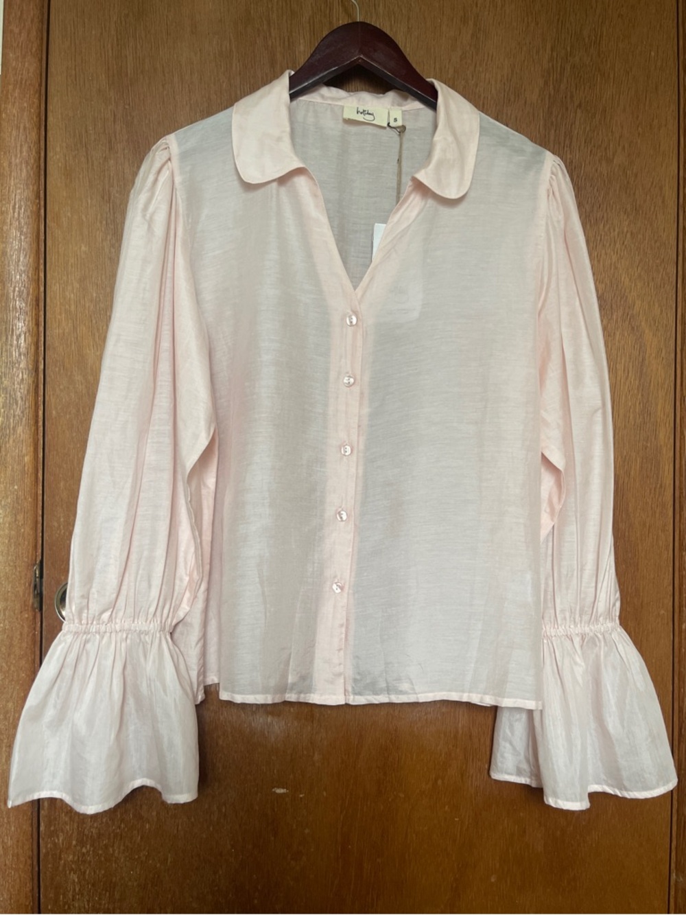 50% Silk 50% Cotton Light Pink Button-Front Blouse with Ruffle Cuffs